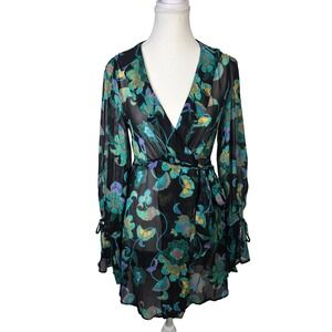 Anthropologie Floral Tunic Blouse Small Black Green Blue Sheer Long Sleeve
